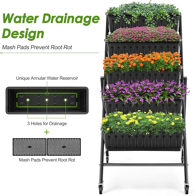 Suyncll Vertical Raised Garden Bed Planter Box, 5 Tiers Vertical Garden Planter with Drainage System and 4 Hooks for Plants Vegetables Flowers (Black with Wheels)