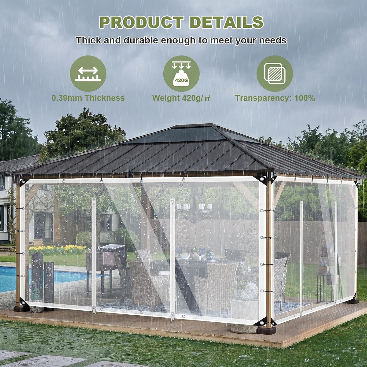 clear outdoor curtains patio double zippers door enclosure, close-up detail