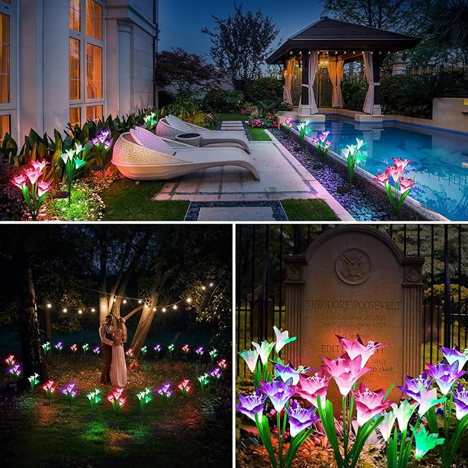KOOPER Outdoor Solar Lights, 6 Pack Solar Garden Light with Bigger Lily Flowers, Waterproof 7 Color Changing Solar Lights Outdoor - Bigger Panel for Patio Yard Garden Decoration, Gift for Mom