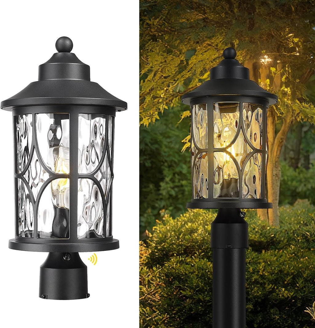 zeyu Pillar Light Outdoor, 16.9 Inch Dusk to Dawn Outdoor Light Fixture Post with Photocell Sensor, Exterior Post Lamp with Water Ripple Glass, ZX48MP PC WG BK