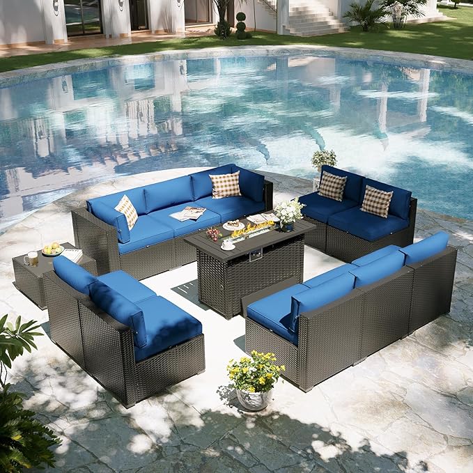 Aoxun Patio Furniture Set with Fire Pit Table, 12 Piece Outdoor Sectional Sofas, 10 Seats Wicker Rattan Outdoor Furniture with Thickened Cushion for Backyard, Garden Navy Blue