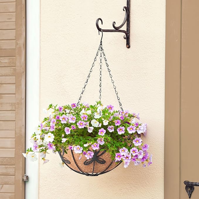 Hanging Baskets Planter for Plants, 2 Pack 8 Inch Round Metal Wire Hanging Flower Pots with Coco Coir Liner Chain, Plant Holder for Home Garden Balcony Decor