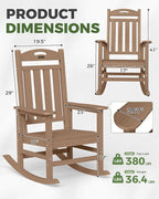 Oversized Rocking Chairs Outdoor Set of 2, High Back Porch Rocking Chair, HDPE All Weather Resistant Patio Chairs, 380lbs Weight Capacity, Teak
