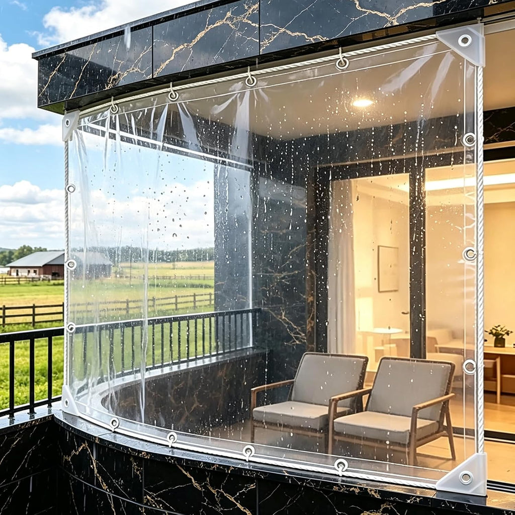 clear tarp with grommets, heavy duty waterproof transparent, front angle view