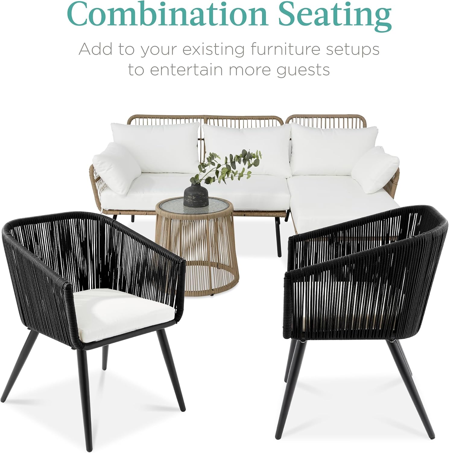 Best Choice Products Set of 2 Patio Dining Chairs, Outdoor Seating for Backyard, Poolside, Balcony w/Woven Wicker Design, 250lb Weight Capacity - Black/Ivory