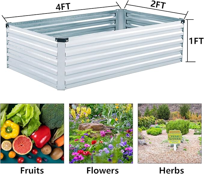 2 Pack 4x2x1FT Galvanized Raised Garden Beds Kit Outdoor Metal Gardening Planter Box for Vegetable Elevated Flower Herbs,Silver