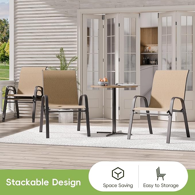Patio Chairs Set of 2, Outdoor Dining Chairs Stackable for All Weather, Breathable Metal Modern Outside Furniture Chair for Pool Side, Garden, Backyard Deck, Brown