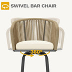 DWVO Outdoor Counter Height Bar Stools Set of 2, Patio Swivel Bar Chairs with Soft Cushions, 360° Rotation, Bar Height Rattan Chairs for Backyard, Poolside, Garden, Beige