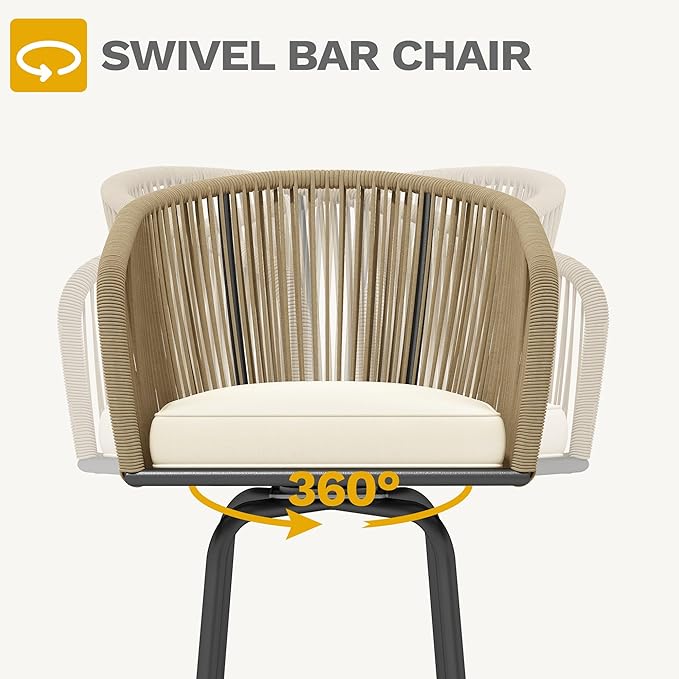 DWVO Outdoor Counter Height Bar Stools Set of 2, Patio Swivel Bar Chairs with Soft Cushions, 360° Rotation, Bar Height Rattan Chairs for Backyard, Poolside, Garden, Beige