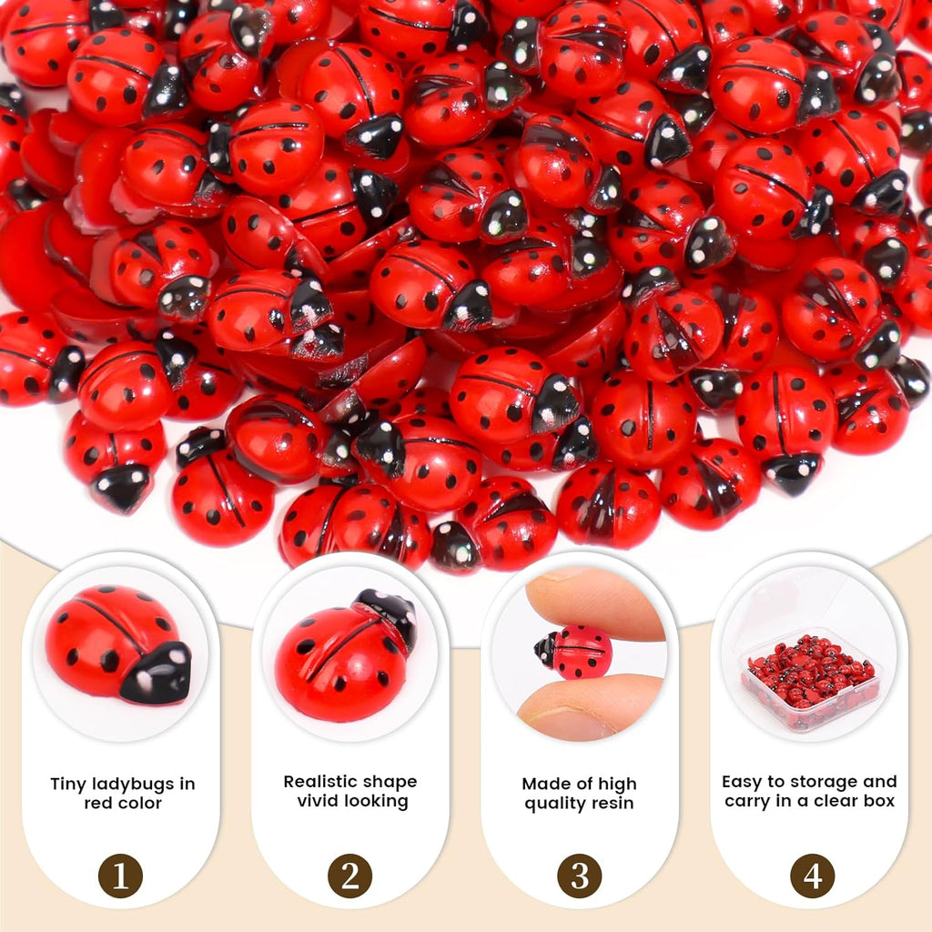 300pcs Mini Resin Ladybug Decor Tiny Ladybug for Crafts Dollhouse Miniatures Mini Resin Things Animals for Fairy Garden Micro Landscaping Home Decoration, 3 Types(0.32*0.4inch & 0.3*0.36inch)