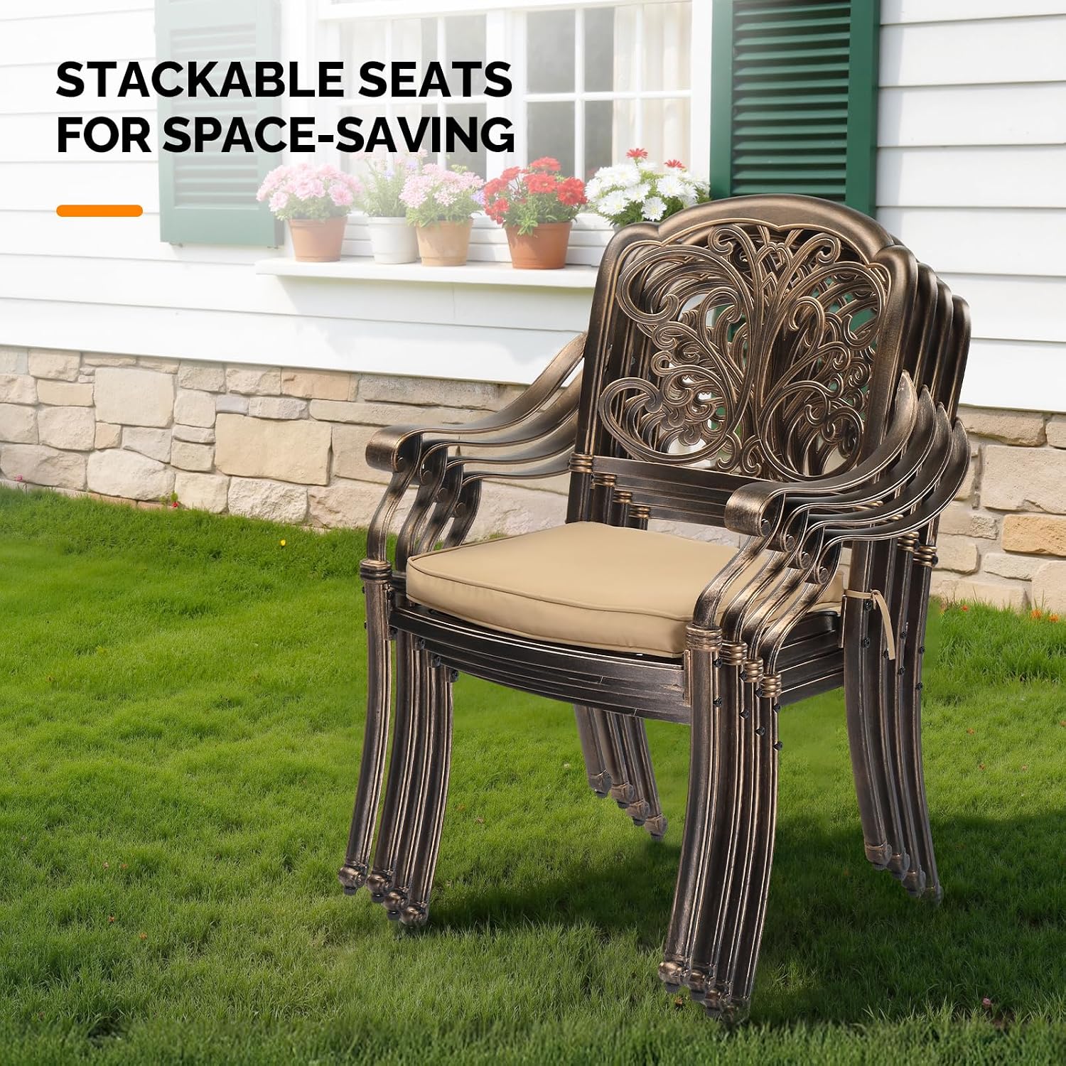 VINGLI Patio Chairs Set of 2 - Stackable Outdoor Cast Aluminum Dining Chairs with Vintage Bronze Finish and Butterfly Pattern, Metal Armchairs for Poolside, Backyard, Balcony (with Cushion)