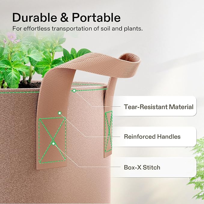 VIVOSUN 5-Pack 15 Gallons Grow Bags Heavy Duty Thickened Nonwoven Fabric Pots with Strap Handles Tan