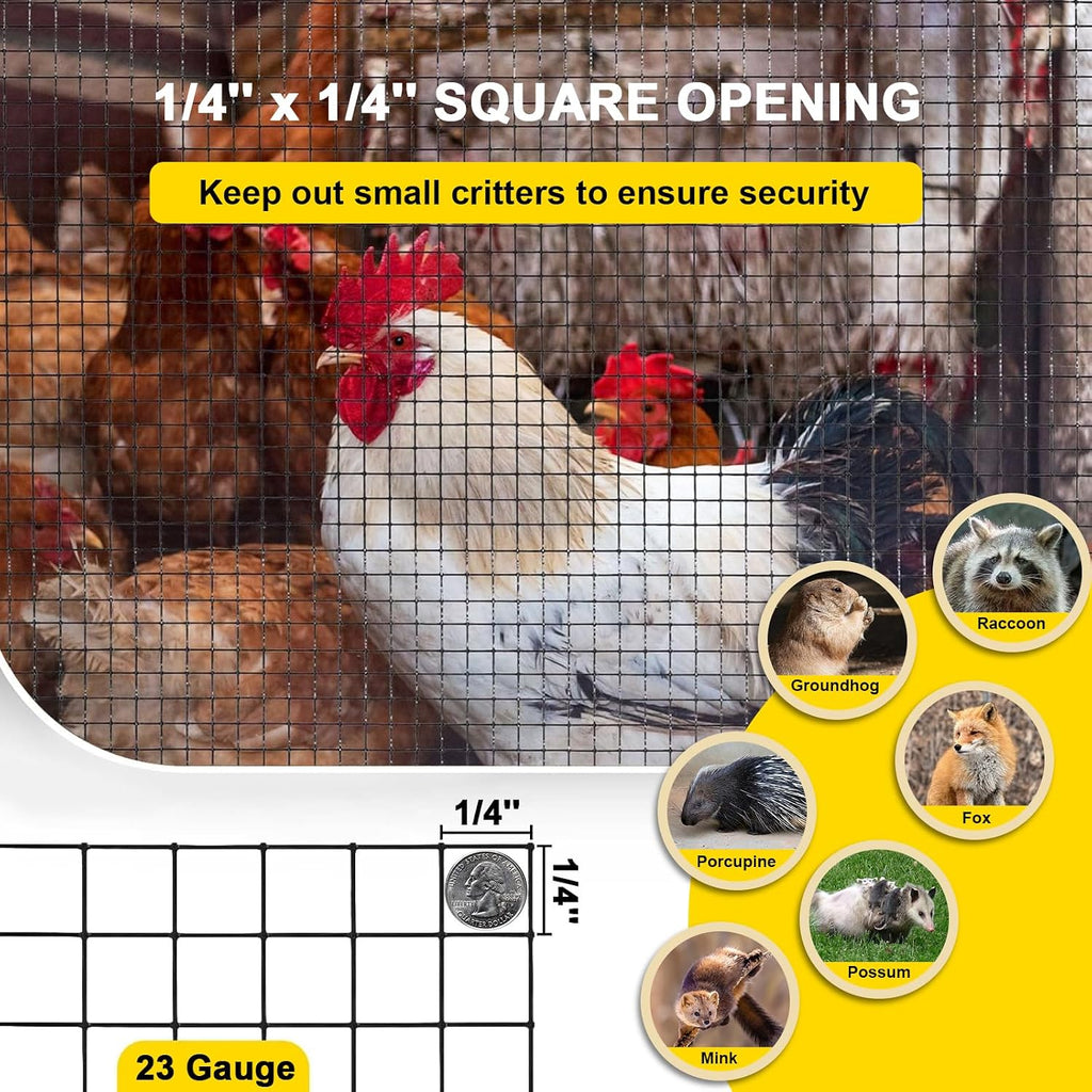 Black Hardware Cloth 4'' x 10' PVC Steel Vinyl Coated 1/4inch Galvanized Wire Mesh Roll (23GA) Chicken Wire Fence Roll, for coop Fences,Screen mesh, Rabbit/Snake Fences, Poultry enclosures, etc.