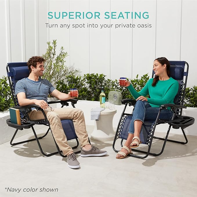 Best Choice Products Set of 2 Adjustable Steel Mesh Zero Gravity Lounge Chair Recliners w/Pillows and Cup Holder Trays - Gray