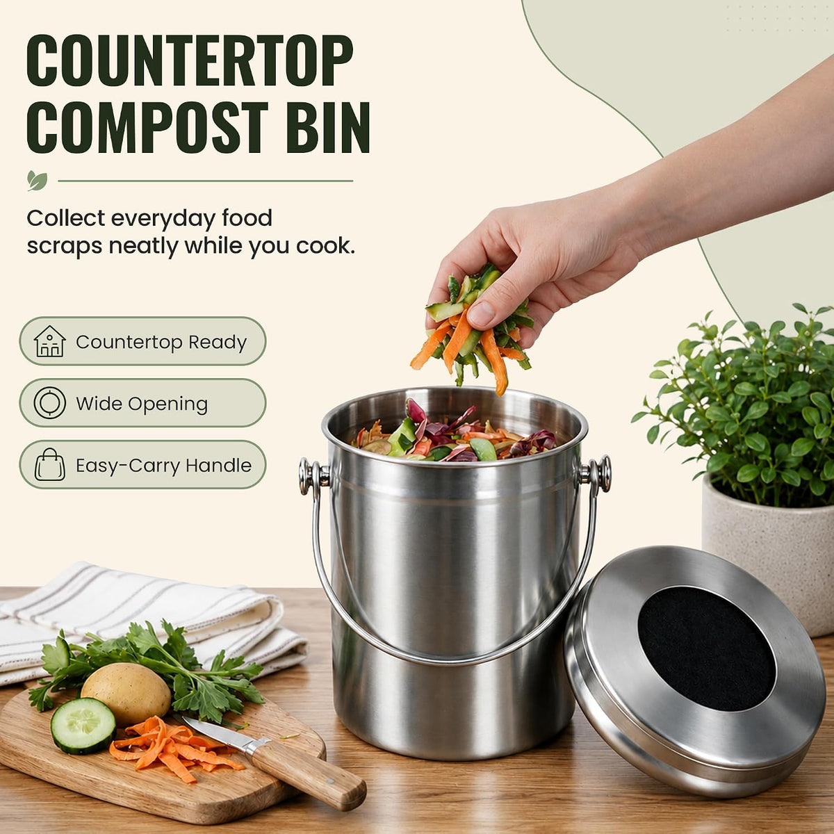 epica kitchen compost bin for kitchen countertops, 1.3 on a desk or shelf