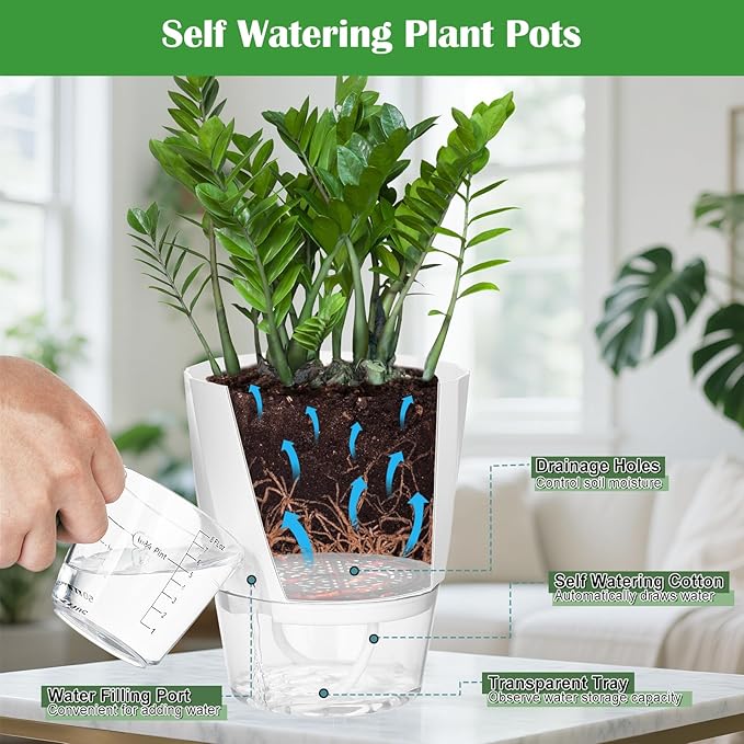 KIMCHOMERSE Self Watering Plant Pots, 6 Inch Plant Pots White, 6 Pack Flowers Pot Indoor Planter Pots with Tray for Spider Plant, Orchid, African Violet
