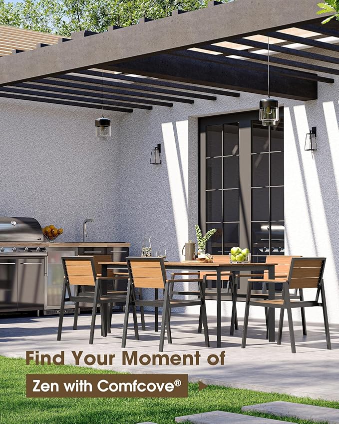 Outdoor Patio Dining Sets, Aluminum 5 Piece HDPS Outdoor Dining Table Set with Umbrella Hole, Modern Patio Furniture Set, Patio Dining Table and 4 Chairs (Gray & Teak)