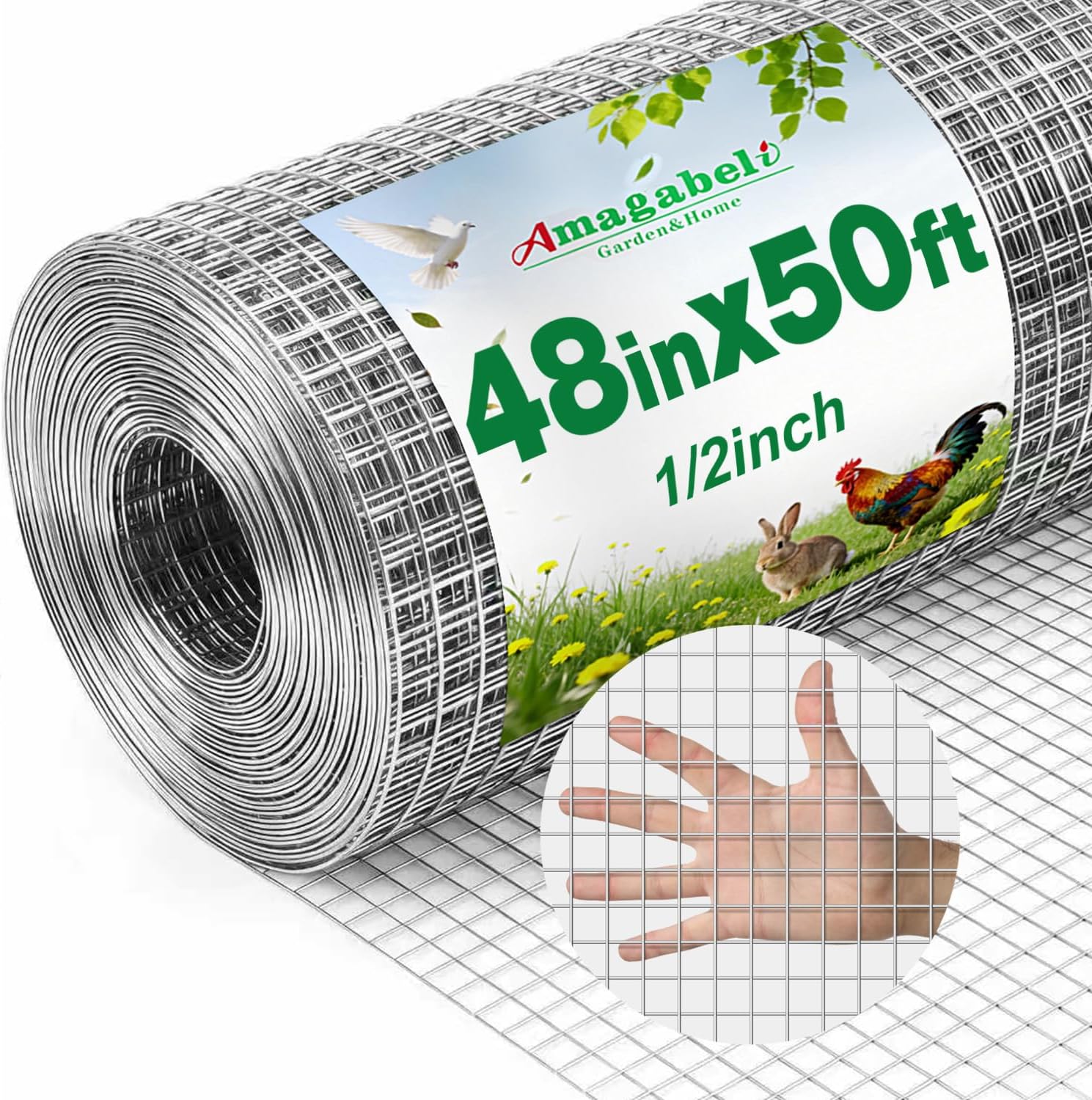 Amagabeli Hardware Cloth 1/2 inch 48 in x 50 ft True 19 Gauge Chicken Wire Double Galvanized Welded Wire Fencing Mesh Roll Garden Plant Support Poultry Netting Rabbit Cage Snake Gopher Fence