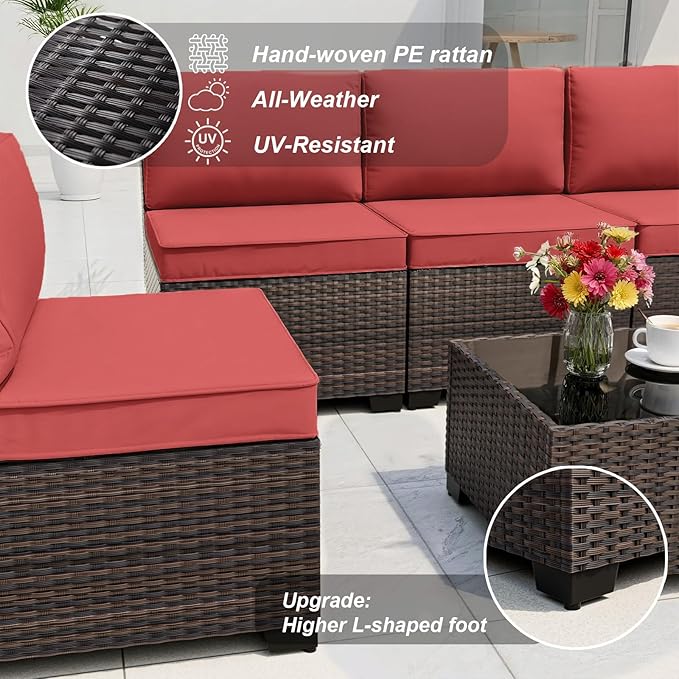ALAULM Patio Furniture Set with Fire Pit Table 55000 BTU, Outdoor Sectional with Wide Seat and Thick Cushion, 15 Piece Wicker Rattan Conversation Set with Coffee Table for Garden, Deck, Red