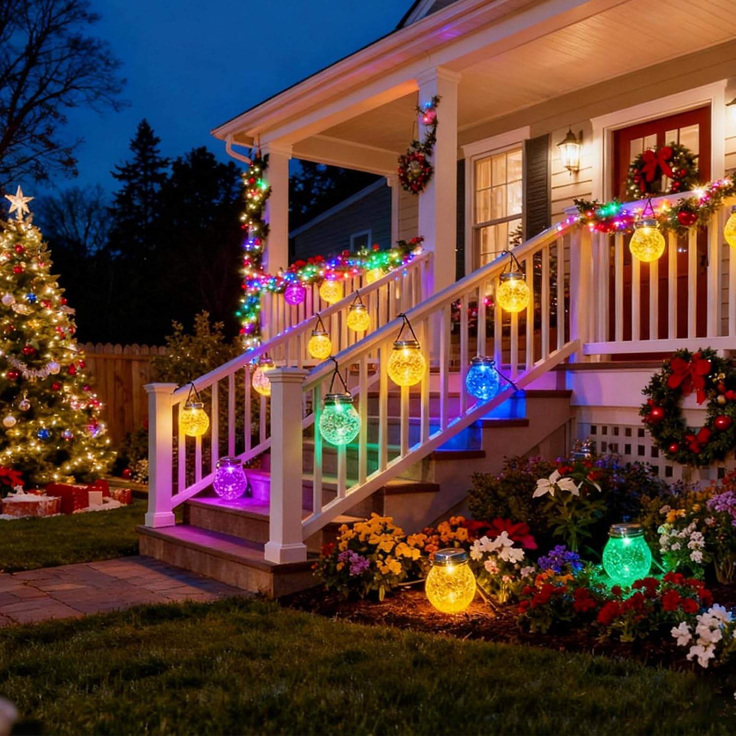 DBF Solar Lanterns Outdoor 2 Pack - Waterproof IP65 Hanging Solar Lights with Warm Amber & RGB Colors, Crackle Glass LED Ball Lights Globes Garden Decorative for Patio Tree Backyard Pathway Railing