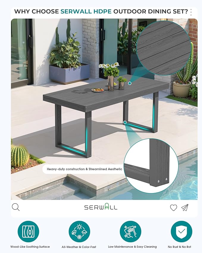 SERWALL HDPE Outdoor Dining Set for 4, 67'' All Weather Patio Dining Table and Chairs Set for Deck, Lawn, Gray
