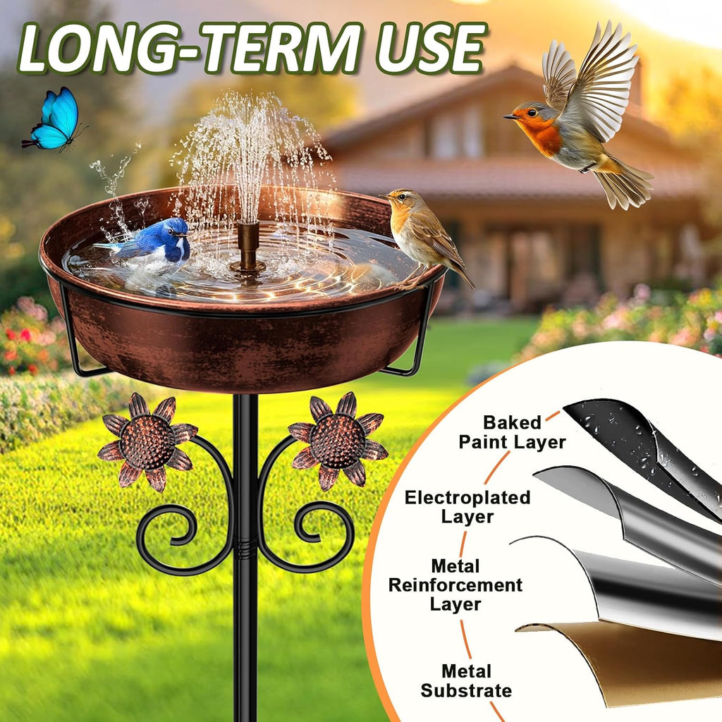 3" Deep Metal Bird Bath for Outside, Removable 12" Dia Vintage Bird Baths Bowl for Outdoors with Stable 5-Prong Stake, 37" H Freestanding Birdbath for Garden Patio Yard Lawn (Brush Bronze)