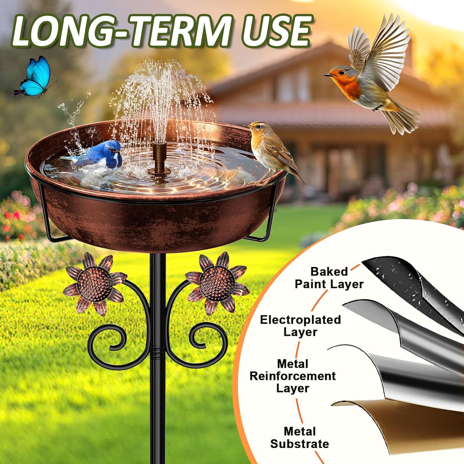 3" Deep Metal Bird Bath for Outside, Removable 12" Dia Vintage Bird Baths Bowl for Outdoors with Stable 5-Prong Stake, 37" H Freestanding Birdbath for Garden Patio Yard Lawn (Brush Bronze)