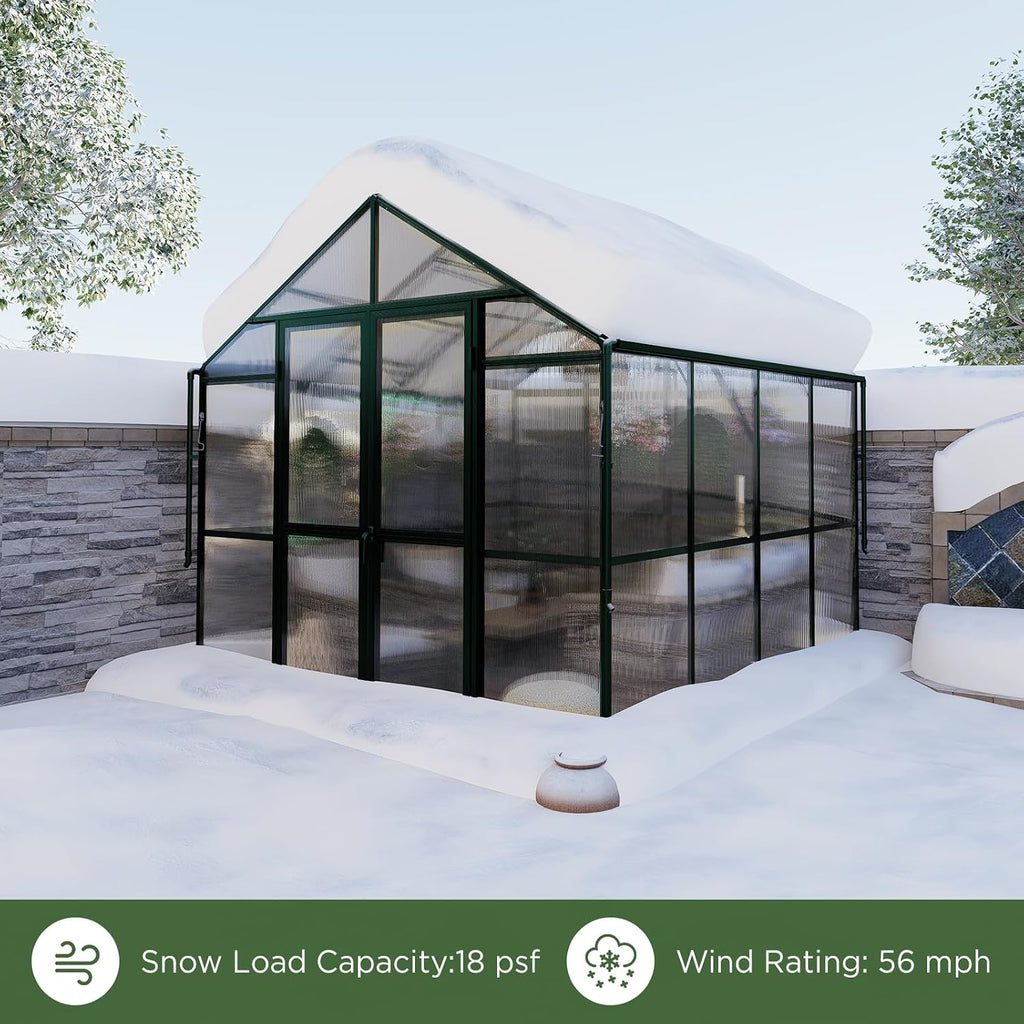 howe 8x8x7.5 ft polycarbonate greenhouse with lockable swing on a desk or shelf
