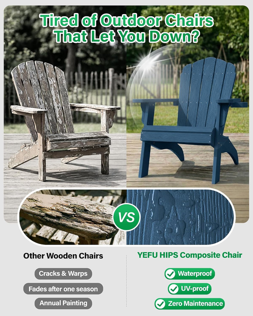 YEFU Oversized Adirondack Chair Set of 4 with Cup-Holder- Navy Blue | Heavy Duty Poly Lumber Outdoor Fire Pit Chair, Weather Resistant, Plastic Chair for Patio, Lawn, Deck, Weight Capacity 450lbs