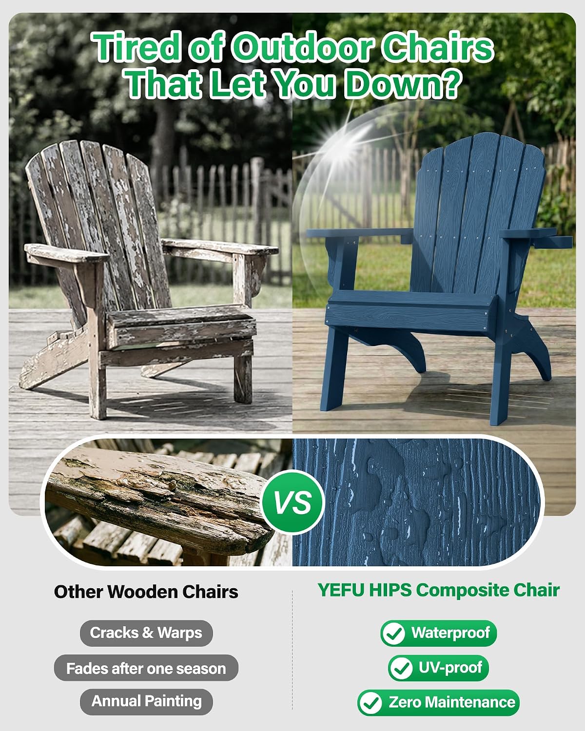 YEFU Oversized Adirondack Chair Set of 4 with Cup-Holder- Navy Blue | Heavy Duty Poly Lumber Outdoor Fire Pit Chair, Weather Resistant, Plastic Chair for Patio, Lawn, Deck, Weight Capacity 450lbs