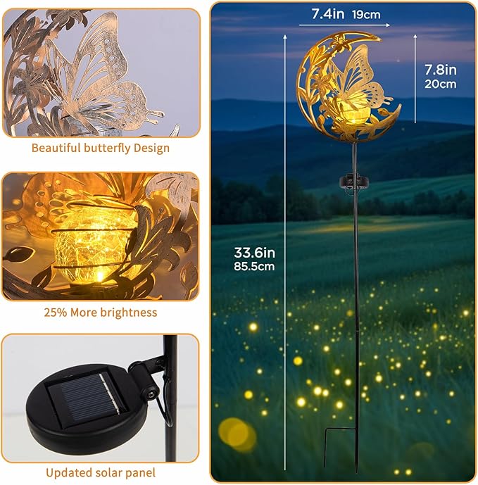 ShangTianFeng Butterfly Lights Outdoor Decor - Moon & Bird SolaGardenLights Waterproof, Auto On/Off Pathway Lighting for Yard/Lawn/Patio, Handcrafted Metal Solar-Stake-Lights for Outside Decorations