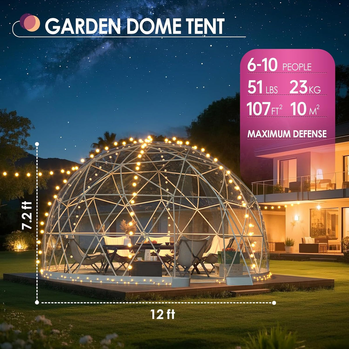 upgraded 12ft garden dome tent, outdoor clear bubble shown in use
