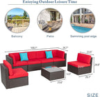 Vongrasig 7 Pieces Patio Furniture Sets, Outdoor Modular Sectional Sofa Patio Conversation Set PE Rattan Wicker Sectional Couch with Cushion, Glass Table for Patio, Garden, Poolside, Red