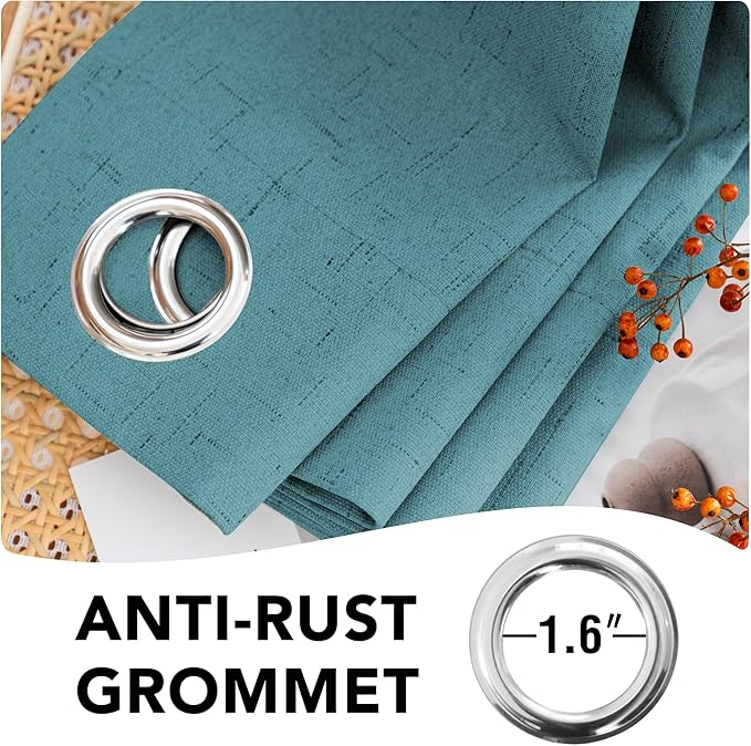 H.VERSAILTEX Linen Blackout Curtains 45 Inches Long 100% Absolutely Blackout Thermal Insulated Textured Linen Look Curtain Draperies Anti-Rust Grommet, Energy Saving with White Liner, 2 Panels, Teal