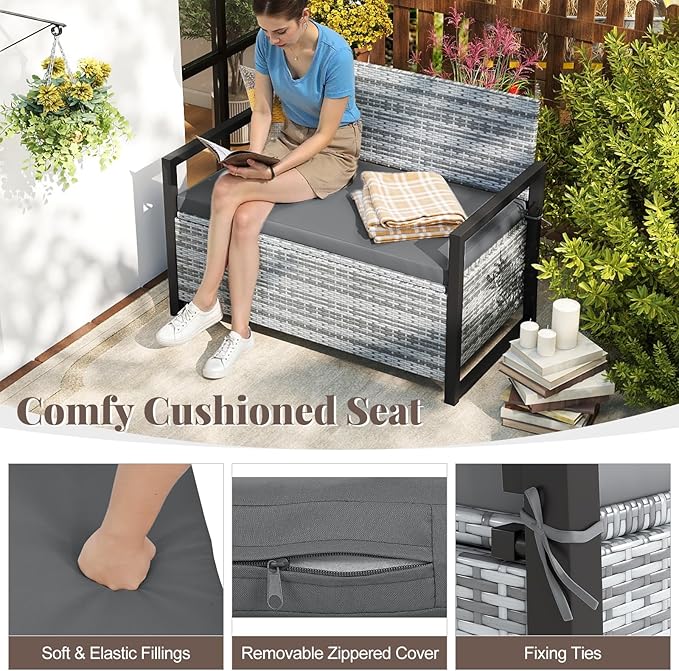 Tangkula 40 Gallon Outdoor Bench with Storage, Patio Wicker Storage Bench with Cushion, Cover, Metal Frame, Deck Box Seat for Backyard, Poolside, Balcony, Garden