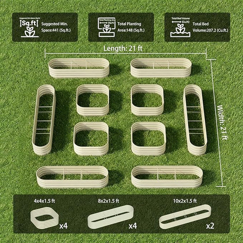 10-Pack 18” Tall Galvanized Raised Garden Beds – Compact Backyard Garden Layout, Fits 440 Sq Ft Backyard, 8x2 ft & 10x2 ft Metal Raised Flower Bed Kits for Outdoor Gardening - Sand Beige