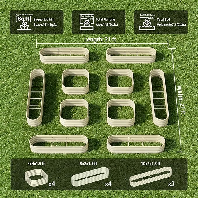 10-Pack 18” Tall Galvanized Raised Garden Beds – Compact Backyard Garden Layout, Fits 440 Sq Ft Backyard, 8x2 ft & 10x2 ft Metal Raised Flower Bed Kits for Outdoor Gardening - Moss Green