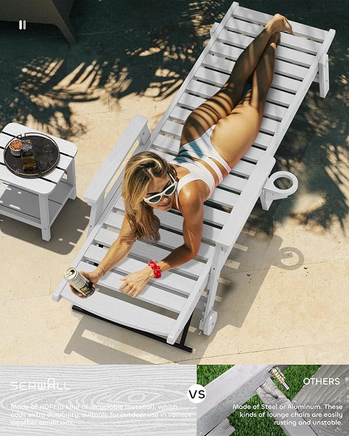 SERWALL Patio Chaise Lounge Chair Set of 2, 78'' Long 5-Positions Adjustable HDPE Outdoor Lounger for Pool, Poly Lounge Chair with Rolling Wheels & Cup Holder for Poolside, Deck, Space Grey