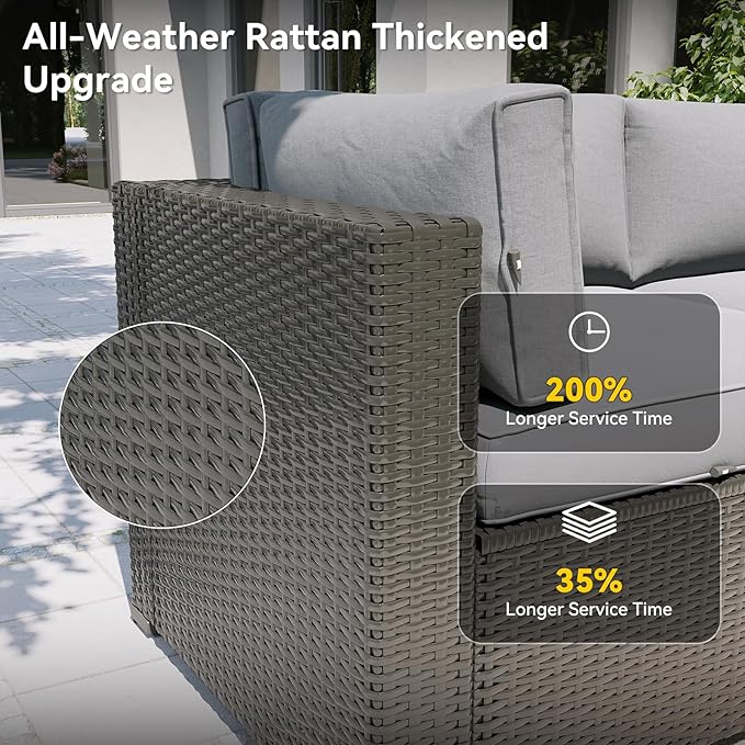 Aoxun Patio Furniture Set with Fire Pit Table, 12 Piece Outdoor Sectional Sofas, 10 Seats Wicker Rattan Outdoor Furniture with Thickened Cushion for Backyard, Garden Light Grey
