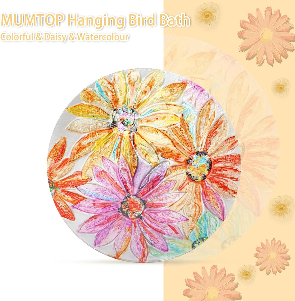 Hanging Bird Bath Outdoors Glass Bird Water Bowl Feeder Garden Decor | 12 Inch Hanging Bird Baths for Outside, Watercolour Daisy Glass Bird Water Bowl Bird Feeders for Garden, Lawn Yard Decor