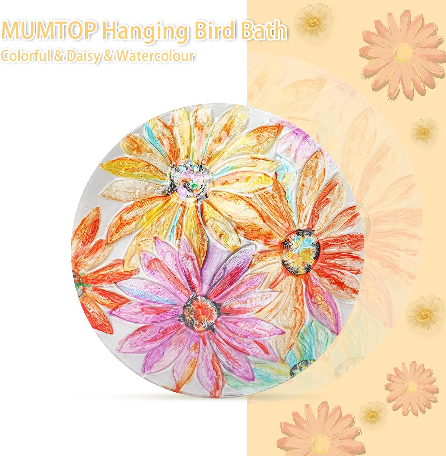 Hanging Bird Bath Outdoors Glass Bird Water Bowl Feeder Garden Decor | 12 Inch Hanging Bird Baths for Outside, Watercolour Daisy Glass Bird Water Bowl Bird Feeders for Garden, Lawn Yard Decor