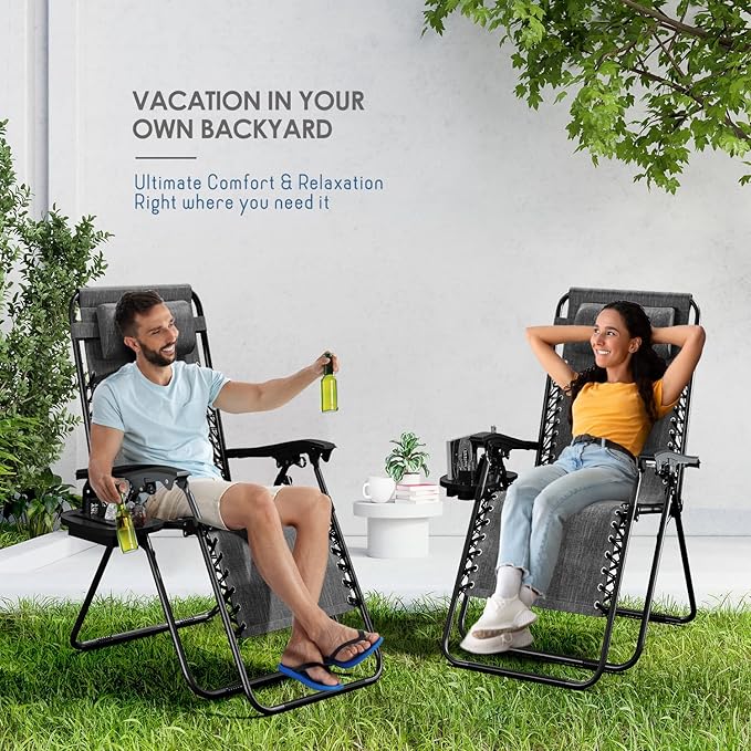 Nestl Zero Gravity Chairs Set of 2, Patio Lounge Chair Outdoor with Pillows & Cup Holder Trays, Adjustable Steel Mesh Reclining Camping Chair, Folding Patio Lawn Chair for Deck, Beach, Yard - Grey
