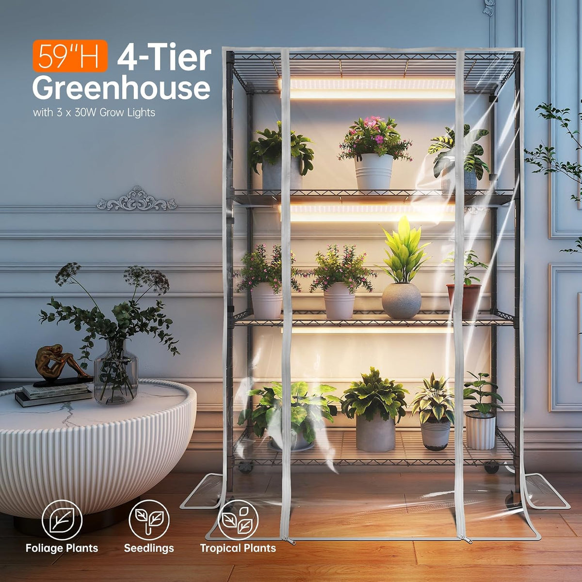 bstrip 3-tier indoor greenhouse with grow light, 35.4x13.8x59in, close-up detail