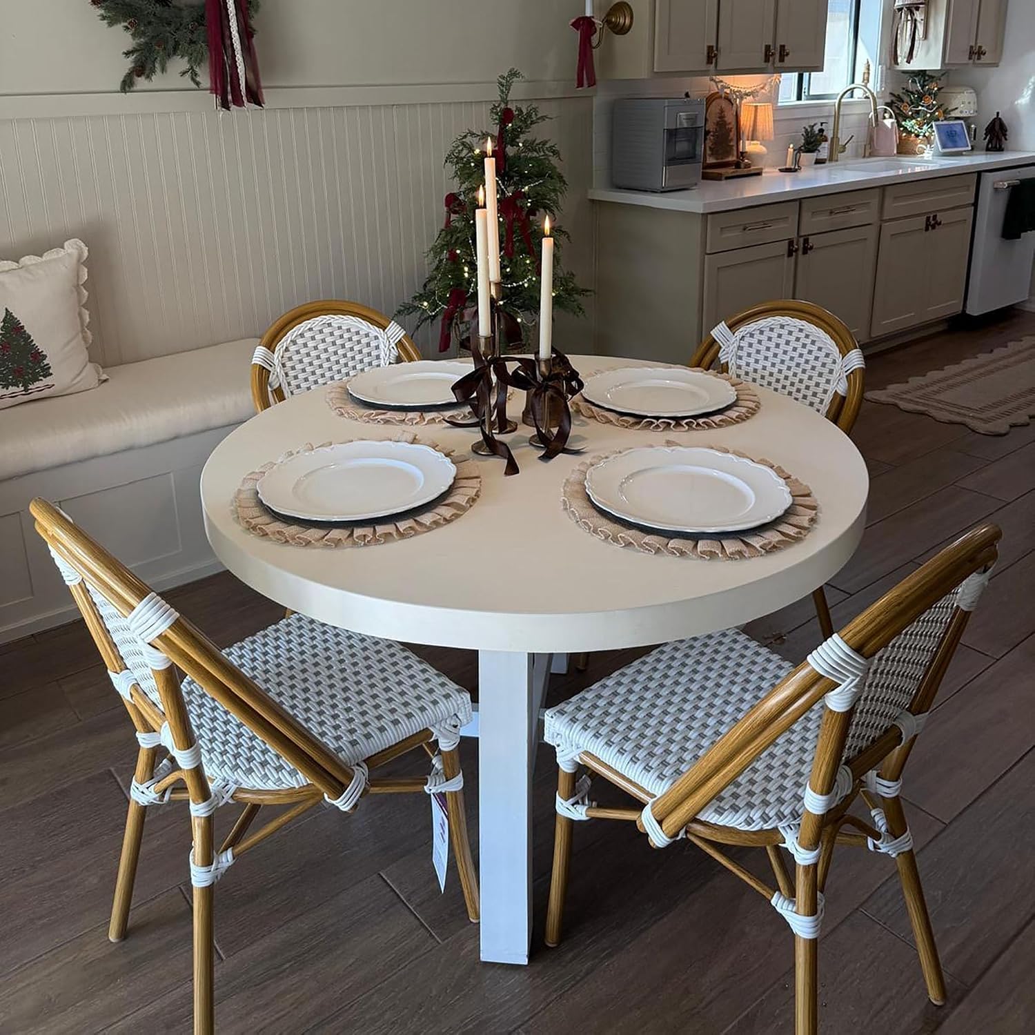 PURPLE LEAF Outdoor Dining Chair Set of 4 Bamboo Finish White Gray | Bamboo Finish Parisian Charm, Coated Aluminum Less Upkeep, Two-Tone Weave Easy Match, French Wicker Timeless Style, Armless