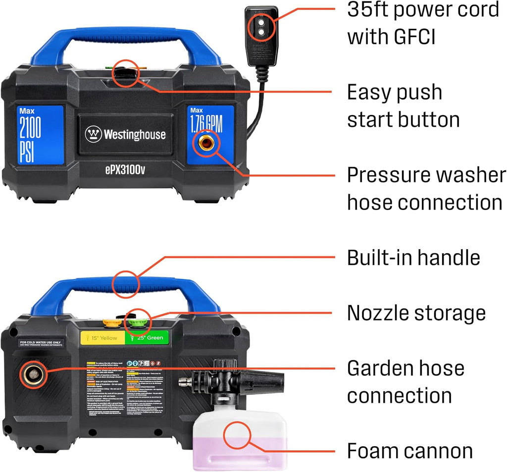 westinghouse epx3100v electric pressure washer, 2100 max psi, side view