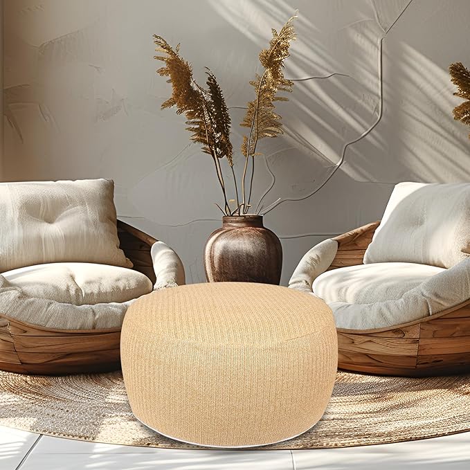 Woven Inflatable Ottoman, Fade-Resistant D31”x H14” Outdoor Indoor Pouf Patio Footrest Stool with Portable Handle, Round Ottoman for Patio Garden, Camping, Bedroom, Living Room