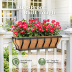 Railing Planter Boxes, Heavy Duty Window Box Planters, Adjustable Balcony Planters for Railing Hanging, with Coco Liner & Support Rod for Deck, Porch, and Patio Gardening (2 Pack, 24 Inch)