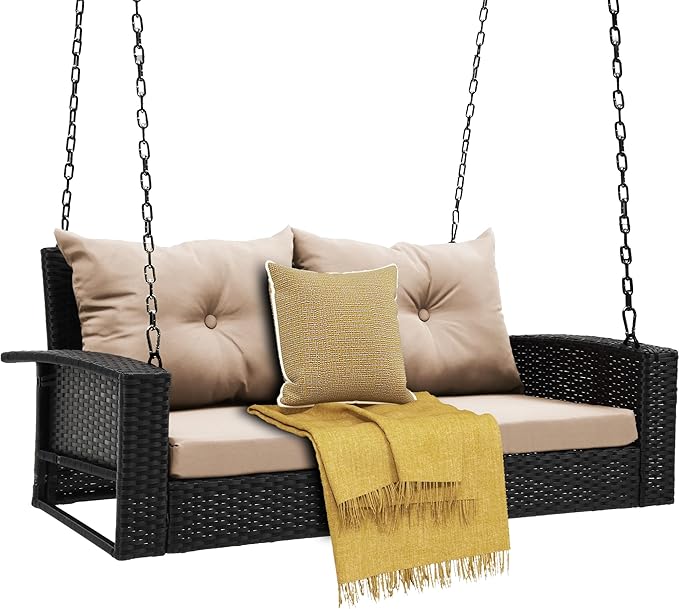 DWVO Hanging Porch Swing Chair Outdoor Wicker Rattan Patio Swing Lounge 2 Seats Cushions Capacity 530lbs for Balcony, Garden, Living Room, Brown Rattan Light Brown Cushion