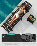 SERWALL Patio Chaise Lounge Chair, HDPE Outdoor Lounge Chair with Cup Holder, 5 Positions Adjustable Poly Lounger with Rolling Wheels for Poolside, Deck, Sunbathing, Black