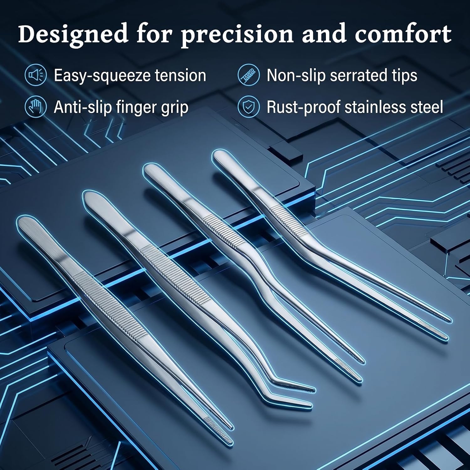 4Pcs Stainless Steel Tweezers Set for Small Garden Kitchen | 6.3″ / 6.5″ Straight & Curved Tip Precision Food Succulent Tweezers Multi-Purpose Tweezer Set Tools for Indoors and Outdoors